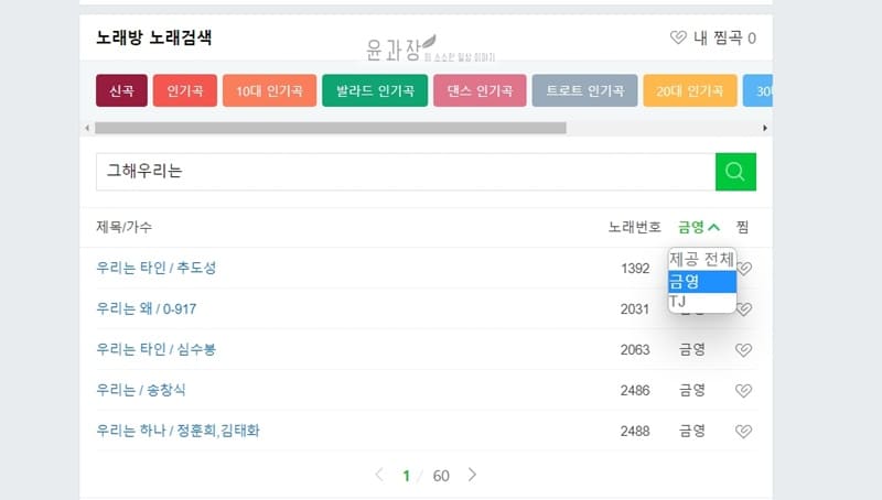 금영노래방 검색방법(노래번호, 인기차트) - 윤과장의 소소한 일상 이야기
